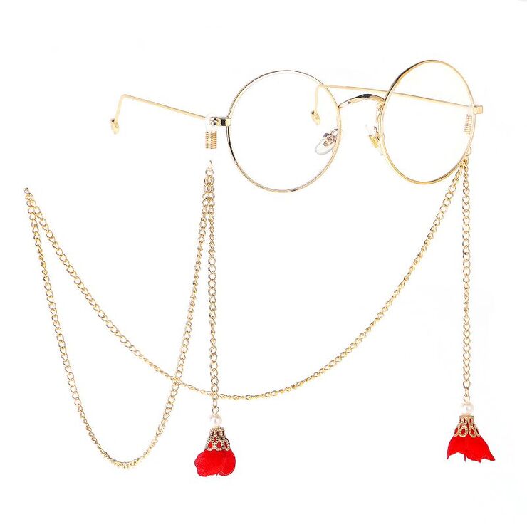 Металлическая нескользящая цепочка золотого цвета, с подвеской в виде красного жемчужного цветка, для очков и масок GL193