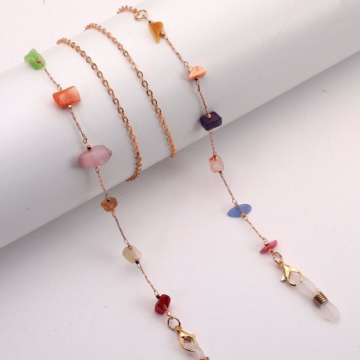 Gold-colored metal non-slip chain, with colorful irregular stone, for glasses and masks GL1888