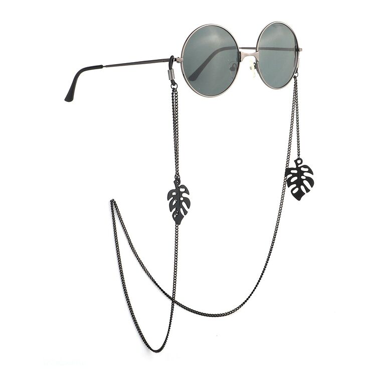 Black-colored metal non-slip chain, with pendant leaves, for glasses and masks GL887