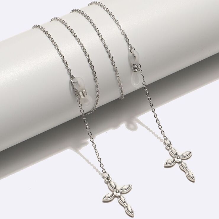 Silver-colored metal non-slip chain, with a cross-shaped pendant, for glasses and masks GL1727
