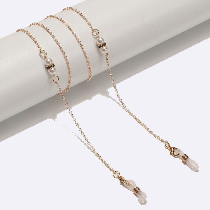 Gold-colored metal non-slip chain, with black rhinestone and pearls, for glasses and masks GL1562