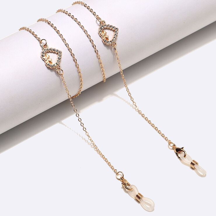 Gold-colored metal non-slip chain, with heart with rhinestone, for glasses and masks GL1457