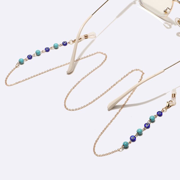 Gold-colored metal non-slip chain, with turquoise beads and eyes, for glasses and masks GL1735