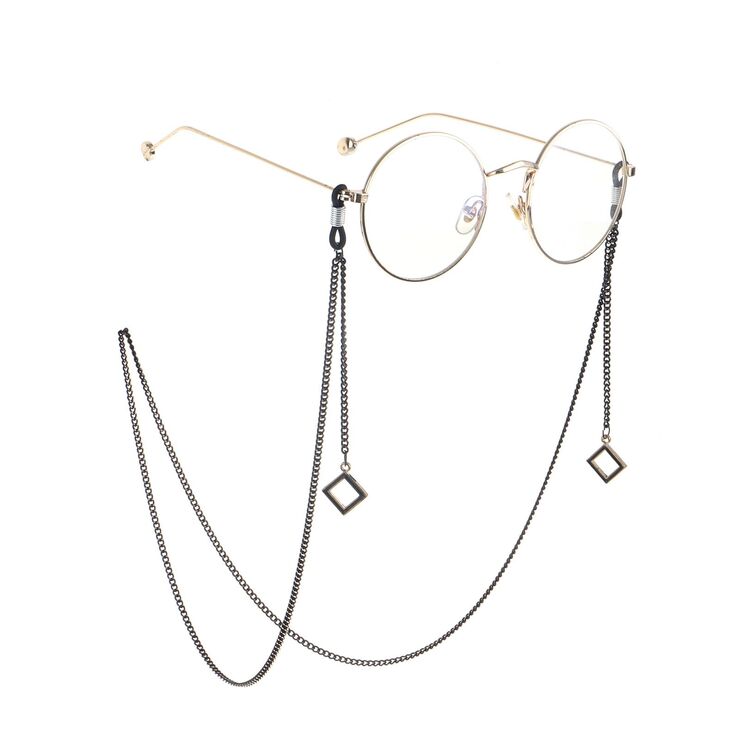 Black-colored metal non-slip chain, with pendant square, for glasses and masks GL853