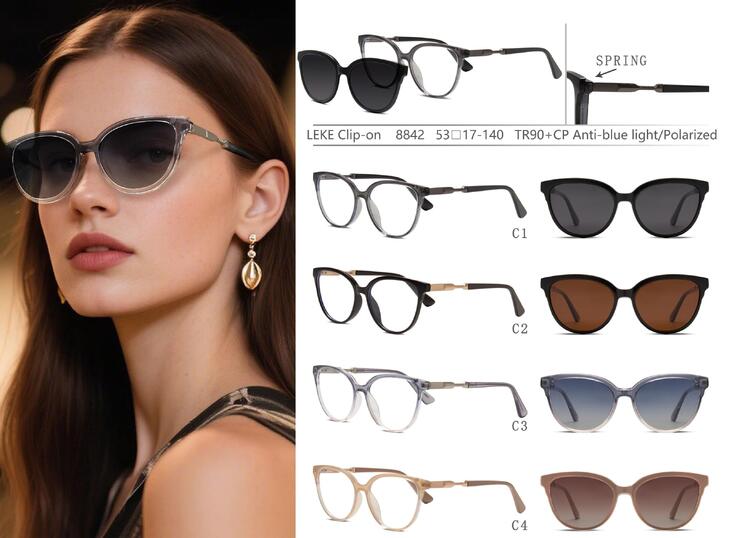Plastic TR90+CP eyeglasses frame with blue ray cut protection, with spring hinges + sun protection polarized clip-on Leke LK8842