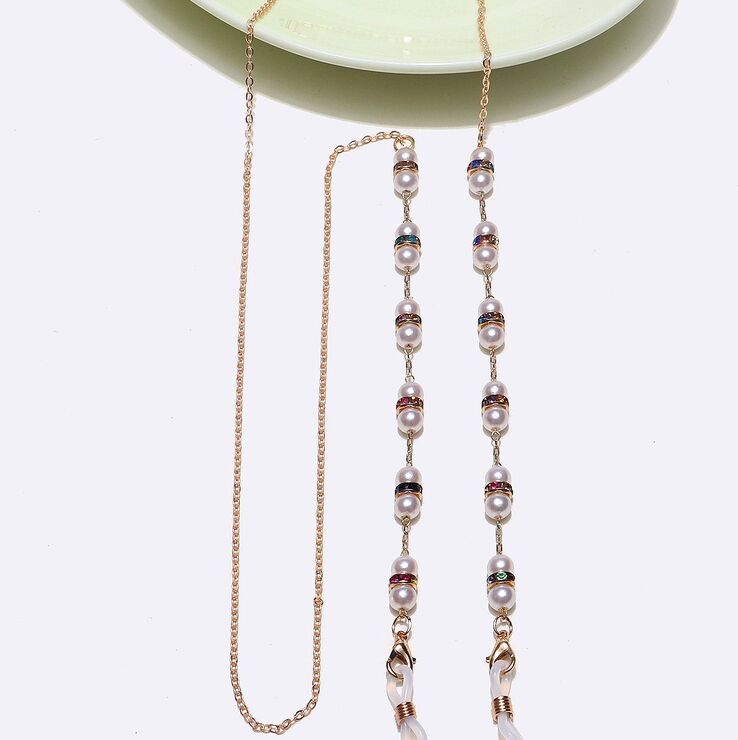 Gold-colored metal non-slip chain, with pearl and rhinestones, for glasses and masks GL1396