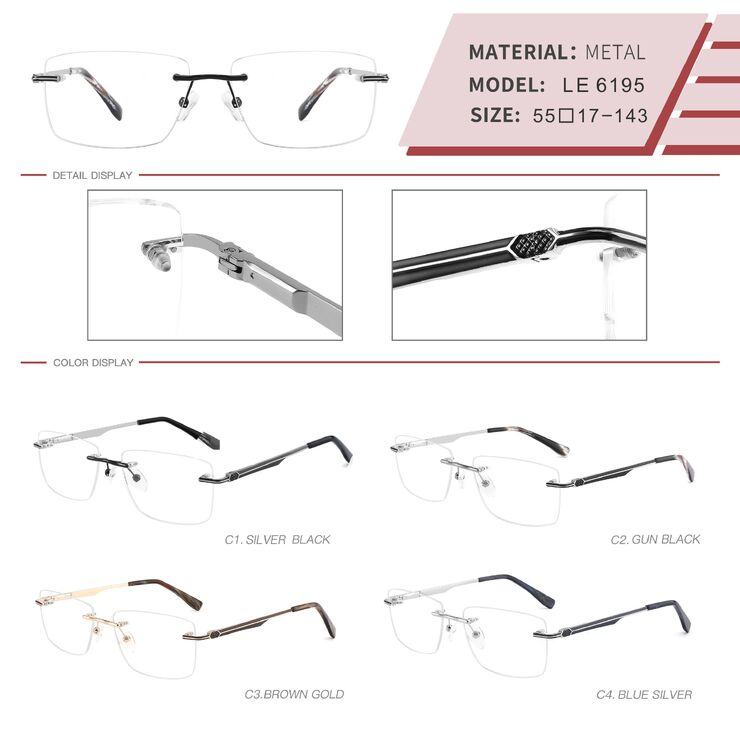 Metal rimless on screws frame for men with spring hinges LE6195-DA