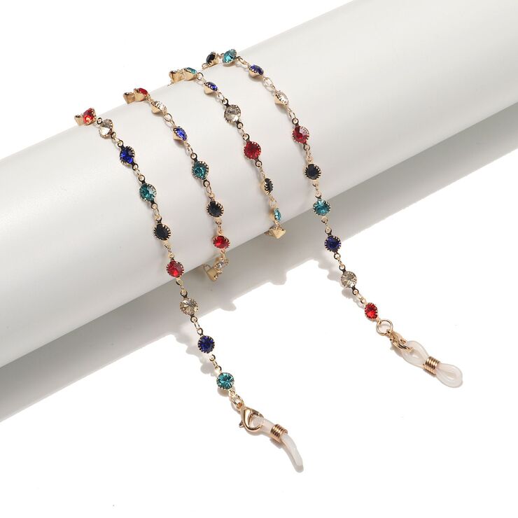 Металлическая нескользящая цепочка золотого цвета, с цветными стразами, для очков и масок GL1543