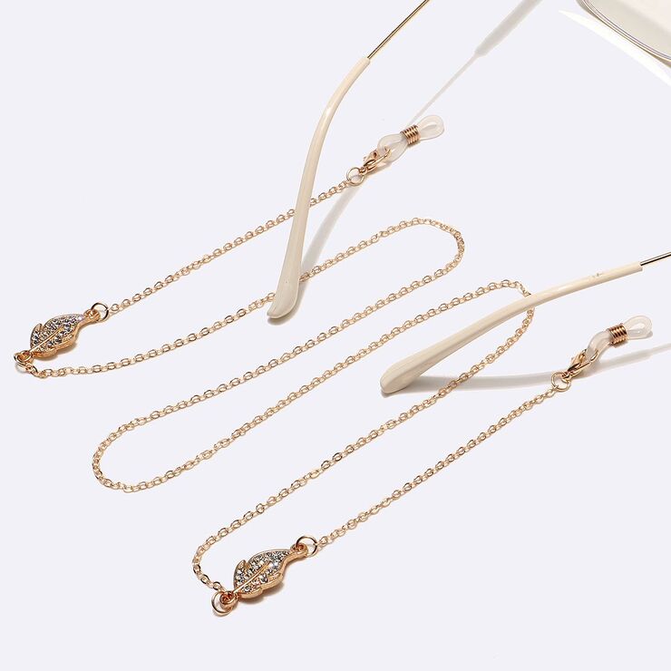 Gold-colored metal non-slip chain, with leaves with rhinestines, for glasses and masks GL1454