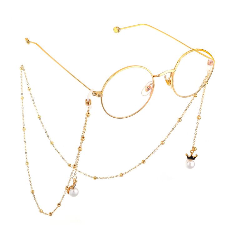 Gold-colored metal non-slip chain, with pendant pearl and beads, for glasses and masks GL580