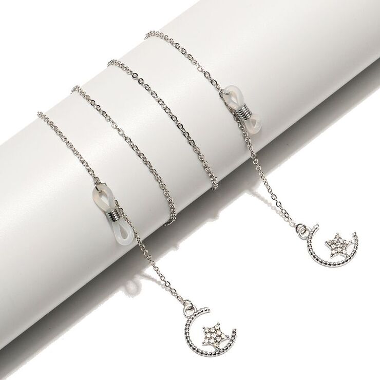 Silver-colored metal non-slip chain, with a star-shaped pendant decorated with rhinestones, for glasses and masks GL1516