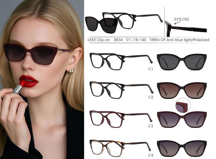 Plastic TR90+CP eyeglasses frame with blue ray cut protection, with spring hinges + sun protection polarized clip-on Leke LK8834