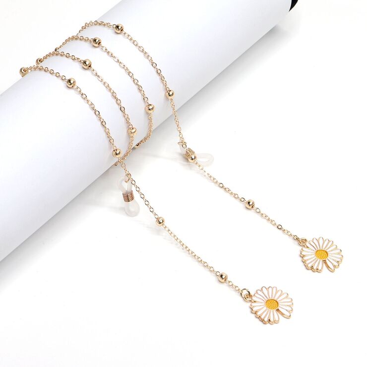 Gold-colored metal non-slip chain, with daisy and beads, for glasses and masks GL1023
