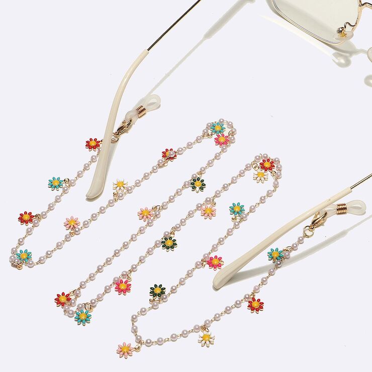 Gold-colored metal non-slip chain, with pearl and colorful small daisy, for glasses and masks GL1704