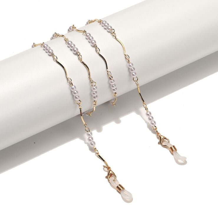 Gold-colored metal non-slip chain, with white pearl and curved stick, for glasses and masks GL1544