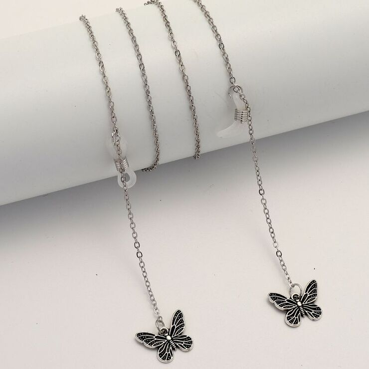Silver-colored metal non-slip chain, with butterfly pendant, for glasses and masks GL1871