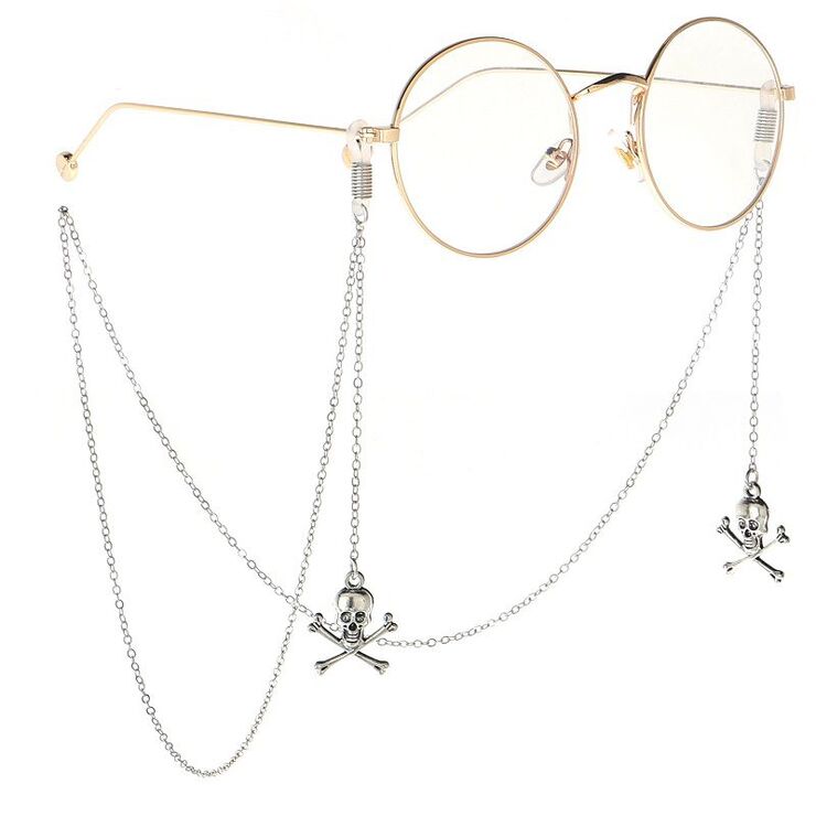 Silver-colored metal non-slip chain, with skull and cross, for glasses and masks GL058