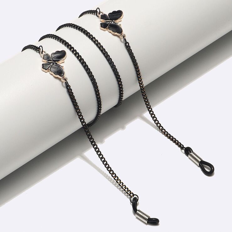 Black-colored metal non-slip chain, with pendant butterfly, for glasses and masks GL1500