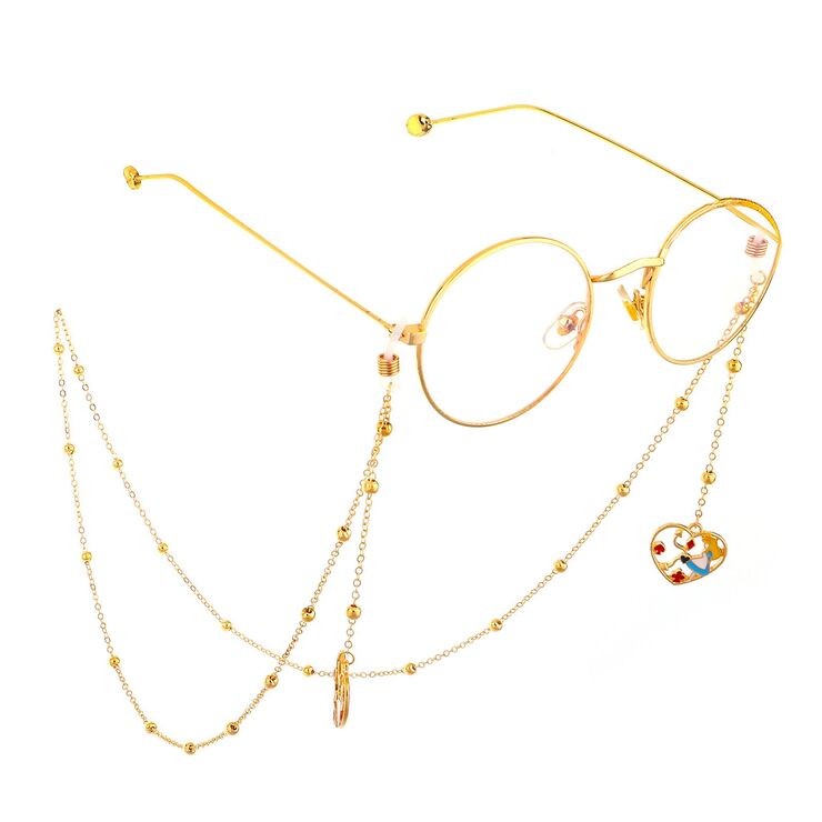 Gold-colored metal non-slip chain, with pendant heart with beads, for glasses and masks GL578
