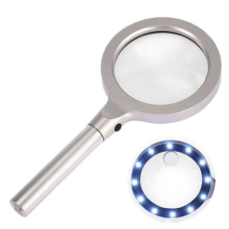 Magnifier with universal backlight, magnifying glass with handle SZ-12-XX, diameter 85 mm, magnification: 5Х, 10Х