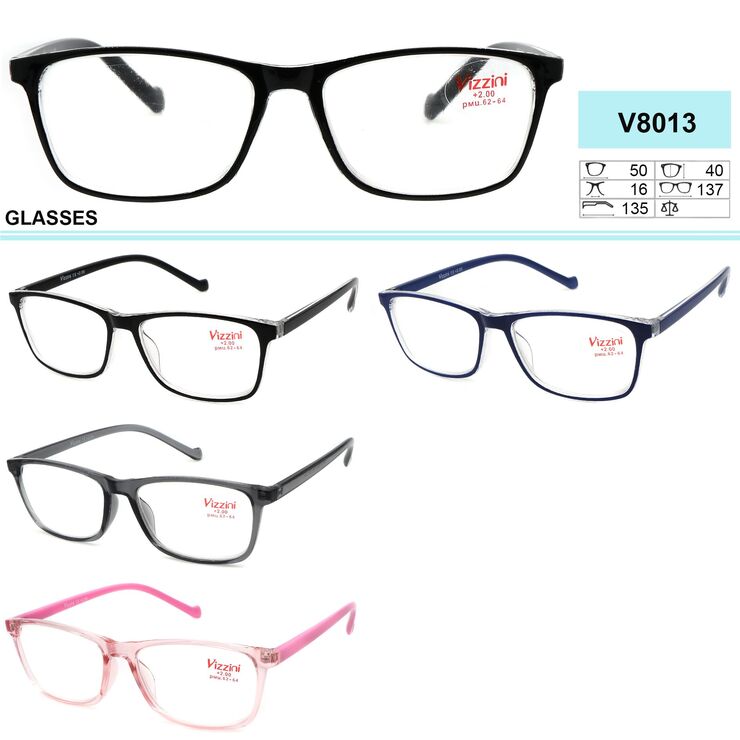 Ready-made plastic frame glasses Vizzini V8013, lens white, diopters from +1,00 to +4.00 (step 0.25)
