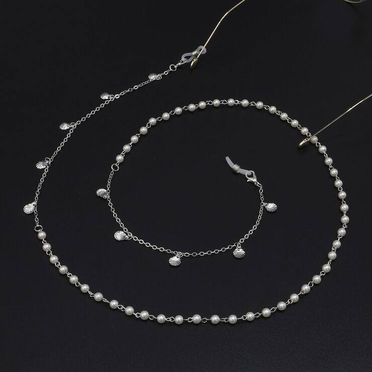 Silver-colored metal non-slip chain, with silver shell and pearl, for glasses and masks GL920