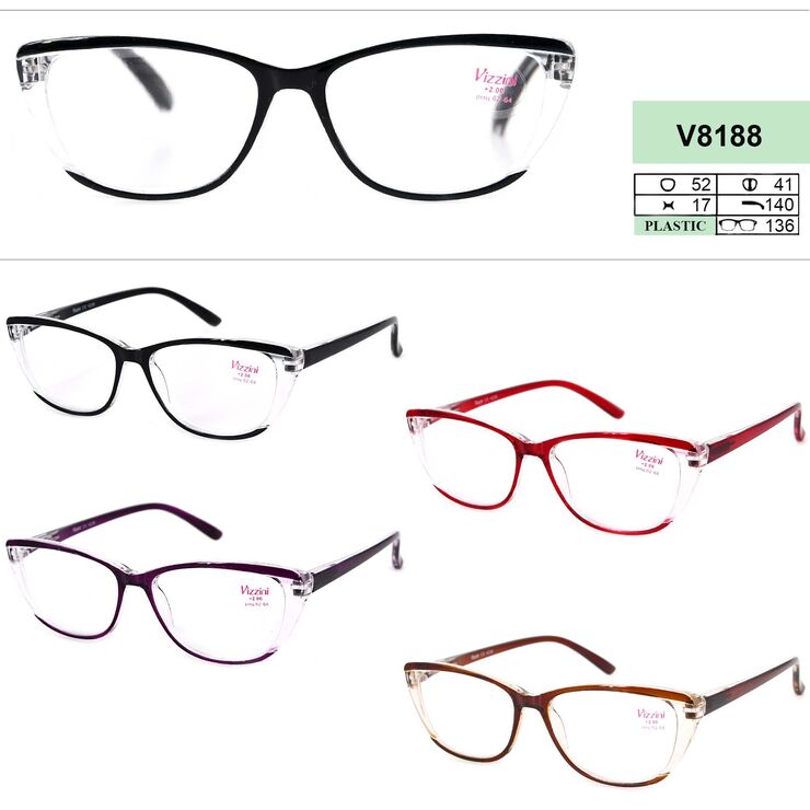 Ready-made plastic frame glasses for women Vizzini V8188, diopters from +1.00 to +4.00