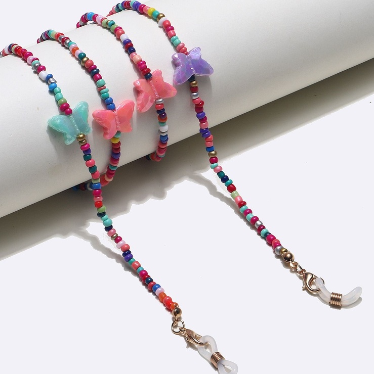 Gold-colored metal non-slip chain, with butterfly and colorful rice beads, for glasses and masks GL1366-1