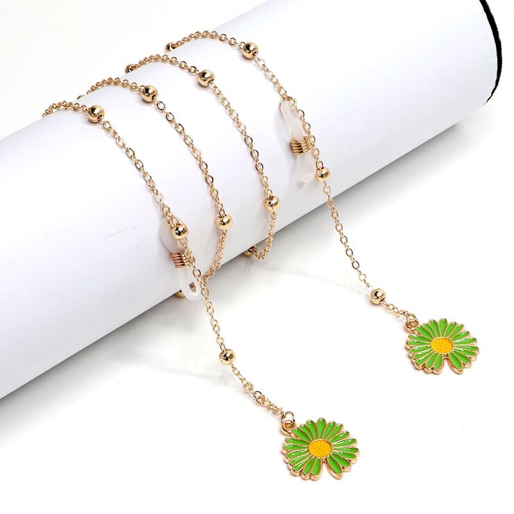 Gold-colored metal non-slip chain, pendant green daisy, for glasses and masks GL1035