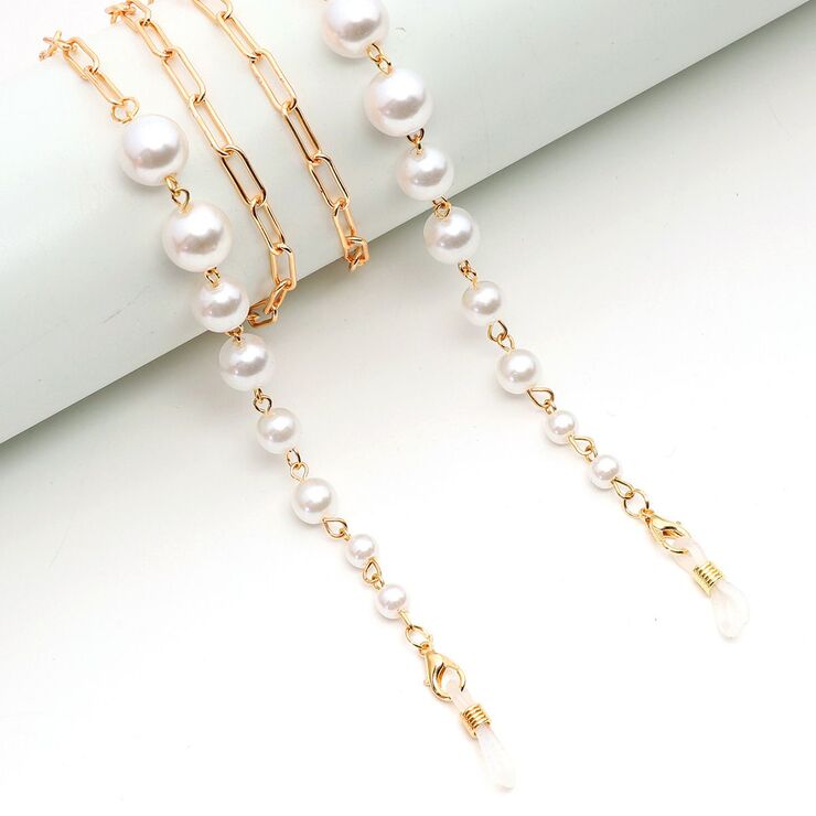 Gold-colored metal non-slip chain, with white pearl, for glasses and masks GL1949