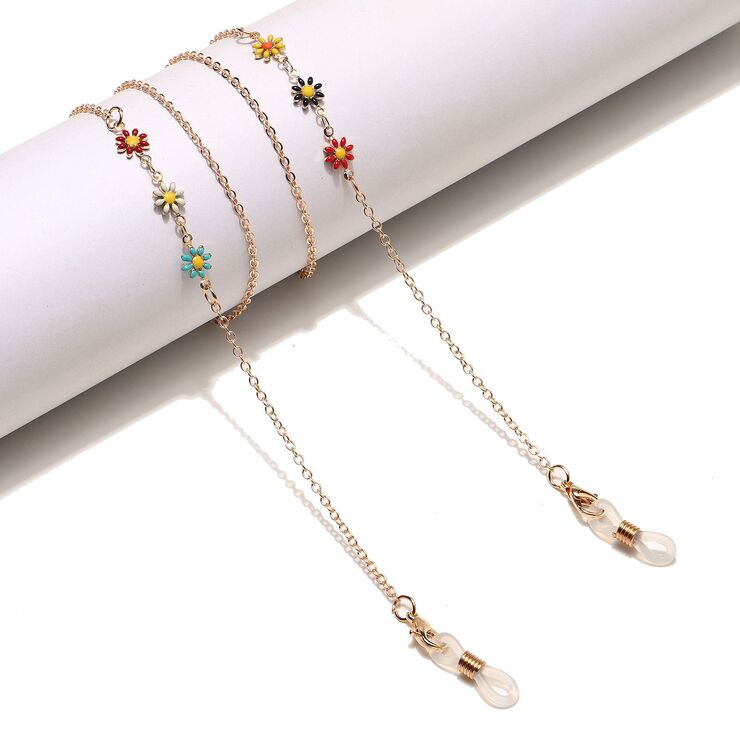 Gold-colored metal non-slip chain, with colored daisy, for glasses and masks GL1447