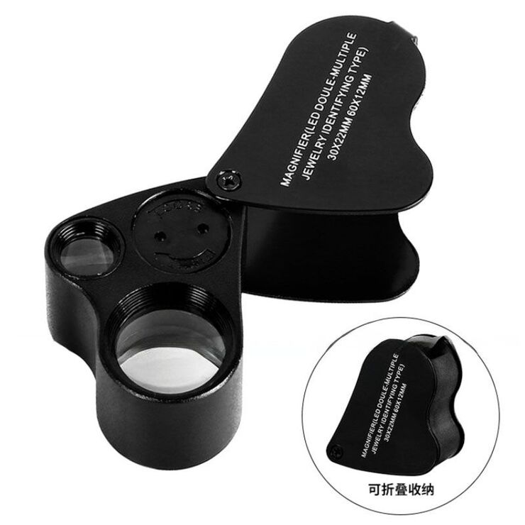 Folding magnifier with universal backlight 9889-1-XX, dimensions: ⌀22 mm, ⌀12 mm. Magnification: 30Х, 60Х