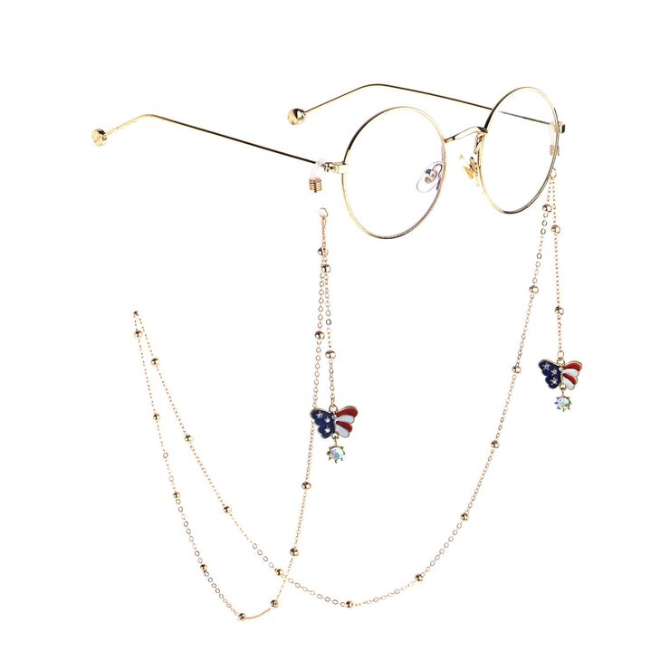 Gold-colored metal non-slip chain, with beads and butterfly, for glasses and masks GL818