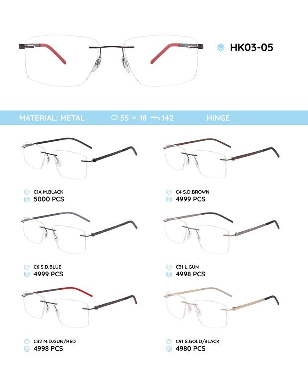 Металлическая безободковая оправа с дужками из пластика TR-90 HK03-05