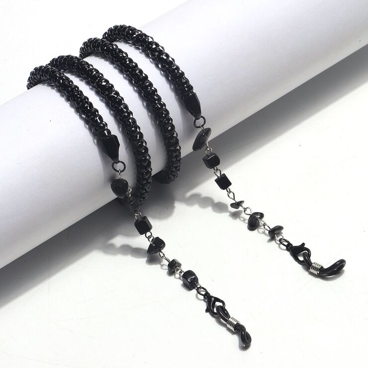 Black-colored metal non-slip chain, thick 6 mm with natural stone, for glasses and masks GL1439