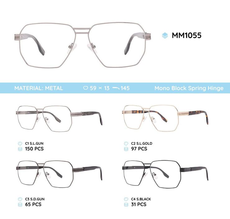 Metal men's frame for glasses with spring hinges MM1055