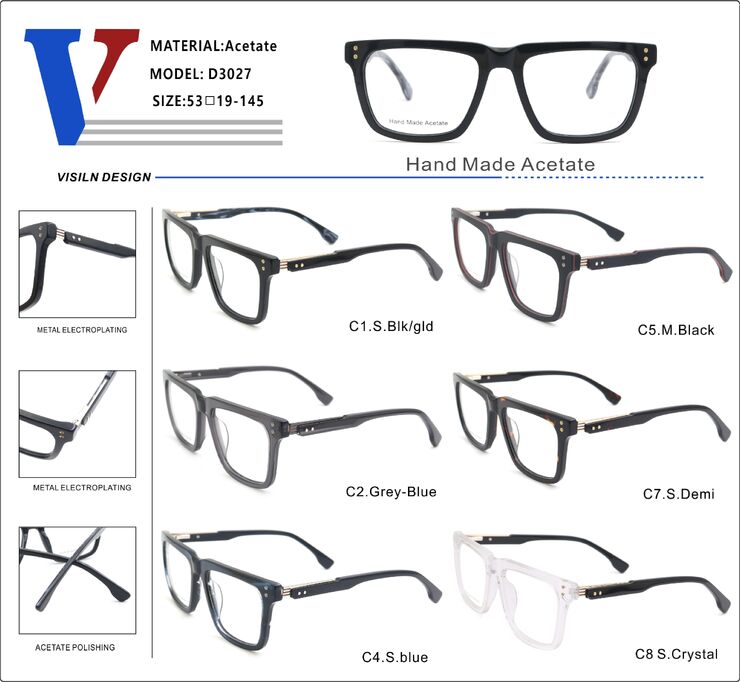 Plastic acetate frame with spring hinges D3027-DA