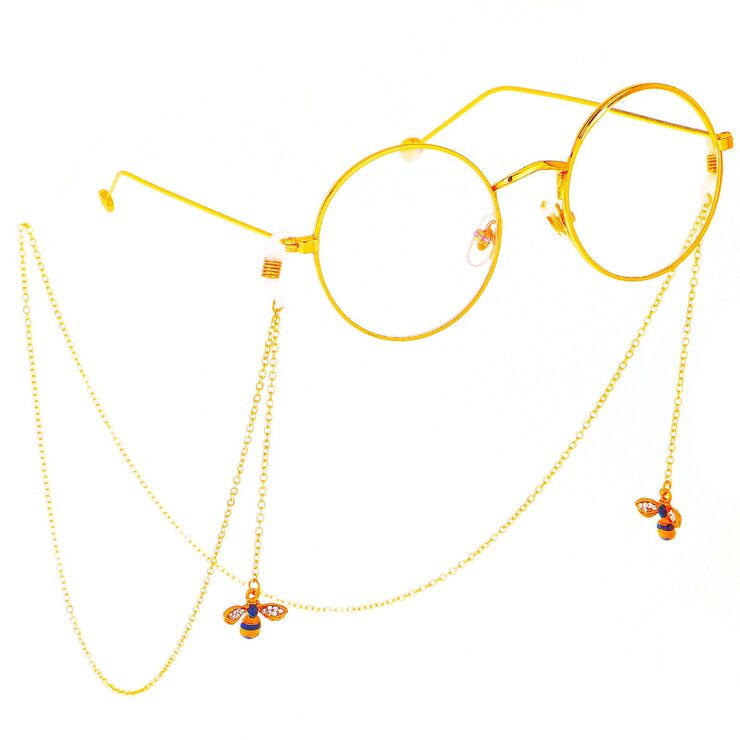 Gold-colored metal non-slip chain, with pendant bee with rhinestone, for glasses and masks GL373