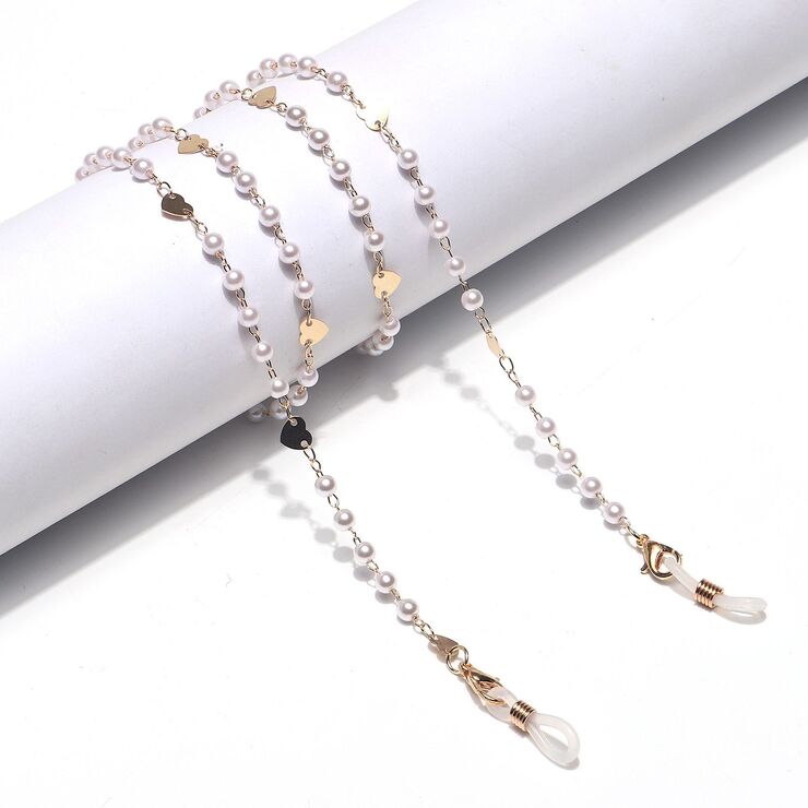 Gold-colored metal non-slip chain, with pearl and gold heart, for glasses and masks GL1431