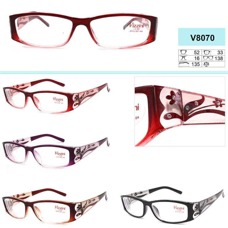Plastic frame eyeglasses with flower temples with rhinestones, diopters to +6,00 and -9,00 VIZZINI V8070