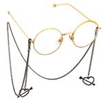 Black-colored metal non-slip chain, with pendant hollow heart-piercing, for glasses and masks GL543