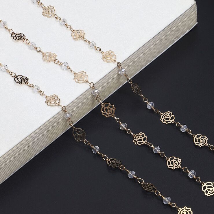 Gold-colored metal non-slip chain, with rose and crystal, for glasses and masks GL691