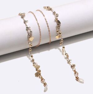 Gold-colored metal non-slip chain, with transparent rhinestones and heart-shaped, for glasses and masks GL1471
