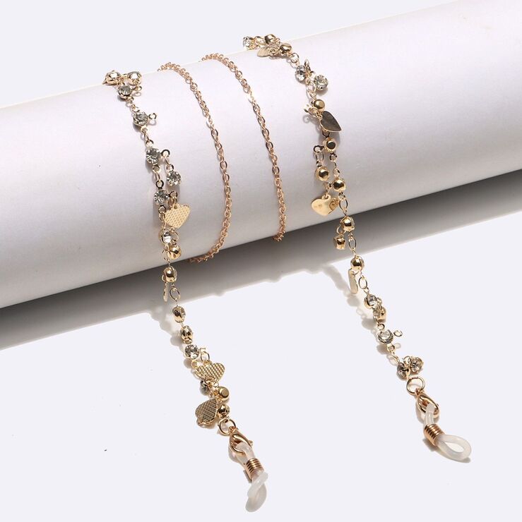 Gold-colored metal non-slip chain, with transparent rhinestones and heart-shaped, for glasses and masks GL1471