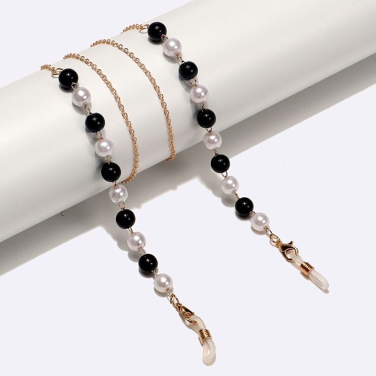 Gold-colored metal non-slip chain, with black and white pearl, for glasses and masks GL1549