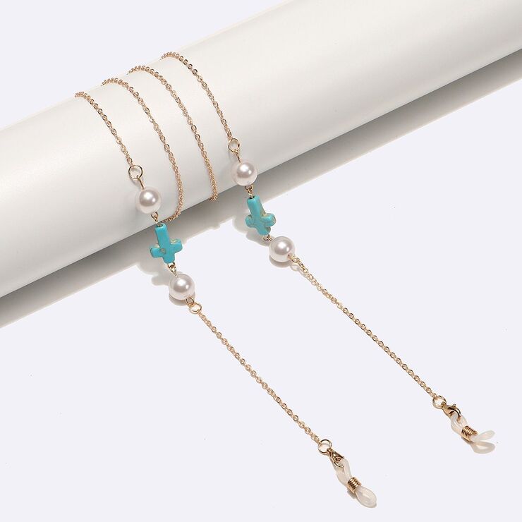 Metal non-slip chain, with turquoise cross and pearl, for glasses and masks GL1708