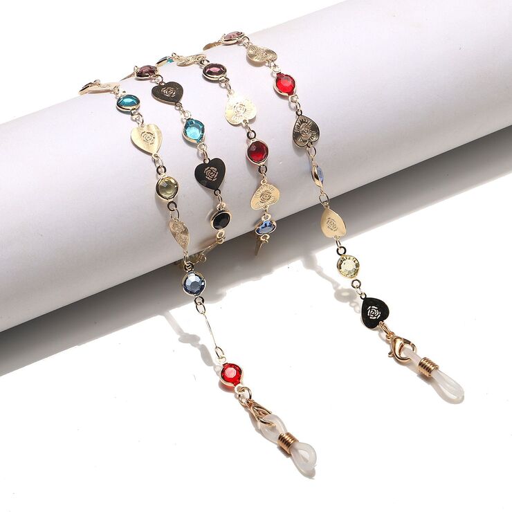 Gold-colored metal non-slip chain, with gold heart and colorful crystal, for glasses and masks GL1464