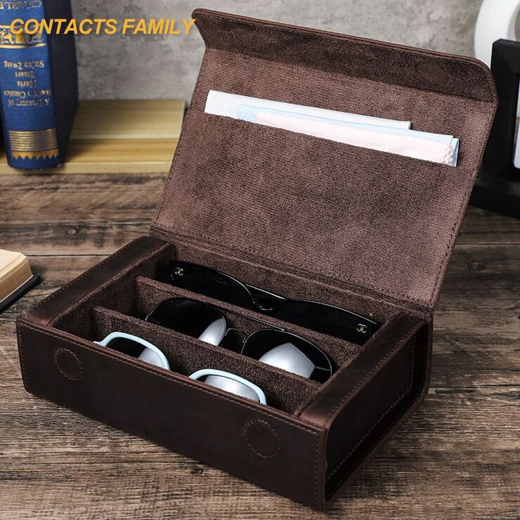 Sunglasses and eyeglasses genuine leather case with 3 slots CF4011