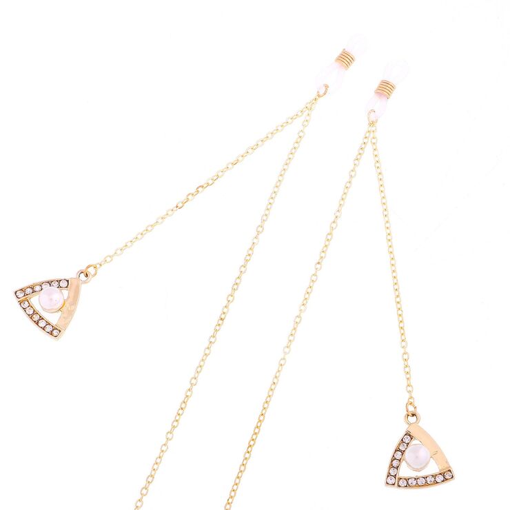 Gold-colored metal non-slip chain, with pendant triangle and rhinestone and pearl, for glasses and masks GL279