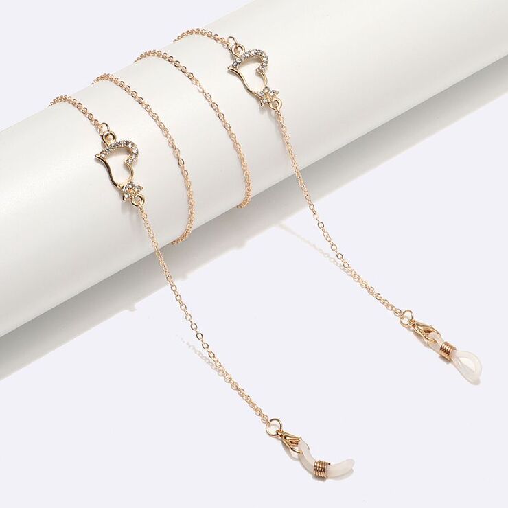 Gold-colored metal non-slip chain, with heart and rhinestones, for glasses and masks GL1524